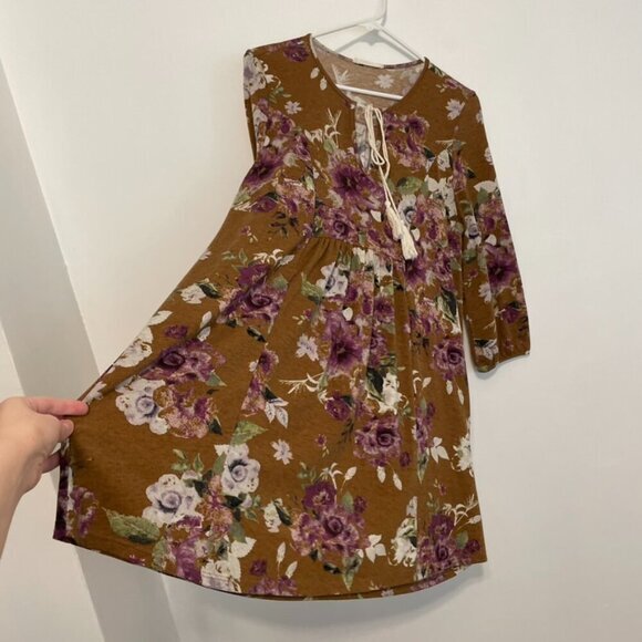 ENTRO Brown Tan Purple Multi Floral 3/4 Sleeve Tassel Tie Boho Fit & Flare Dress - Picture 8 of 11